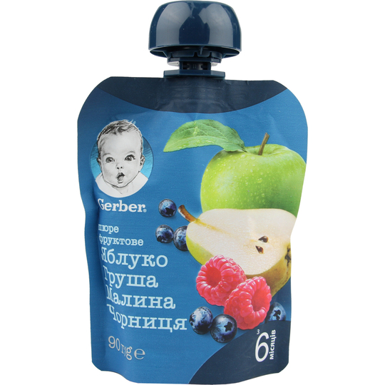 Пюре Gerber Ябл.,груша,мал.,чор.пауч 90г