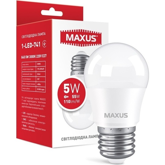 Лампа LED Maxus G45 5W 3000K 220V E27