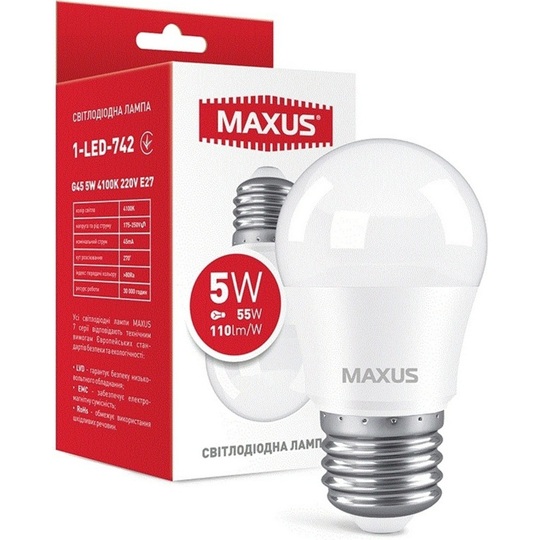 Лампа LED Maxus G45 5W 4100K 220V E27