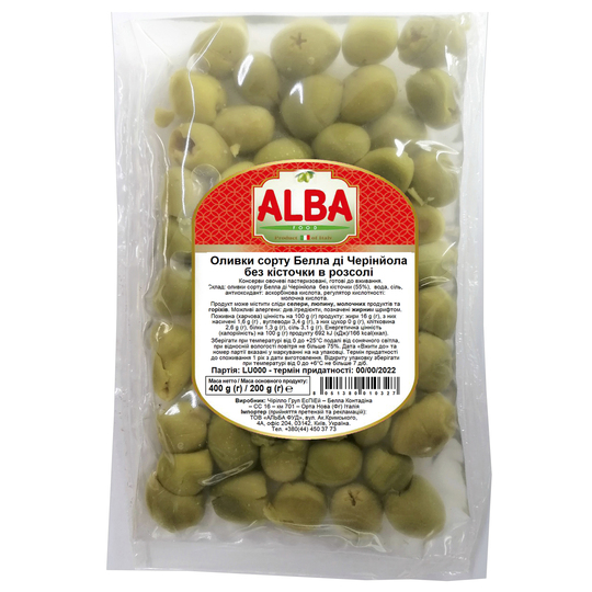 Оливки зел. б/к Alba Food в/у 400г