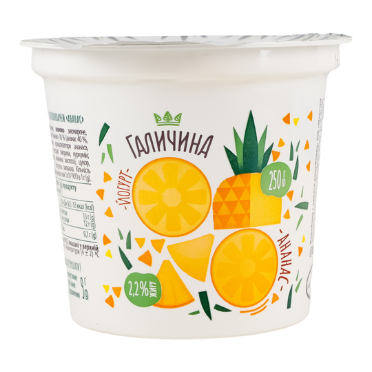 Йогурт 2,2 Галичина ананас 250г стак.