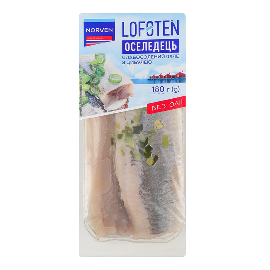 Оселедець філе б/олії з циб.Norven 180г