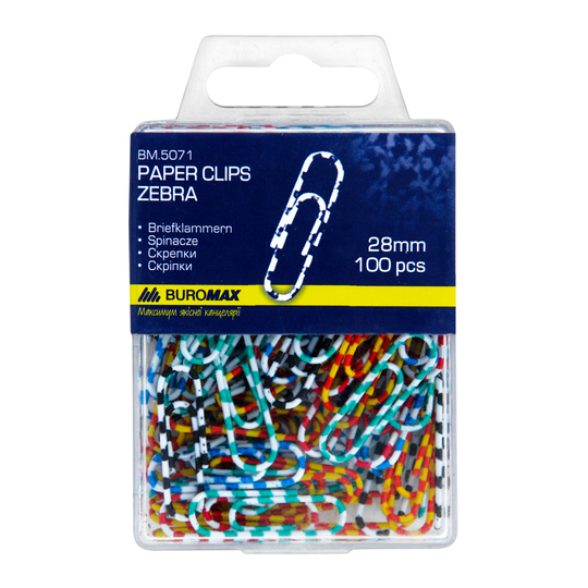 Скріпки BuroMax 28мм зебра пл.кор.100шт